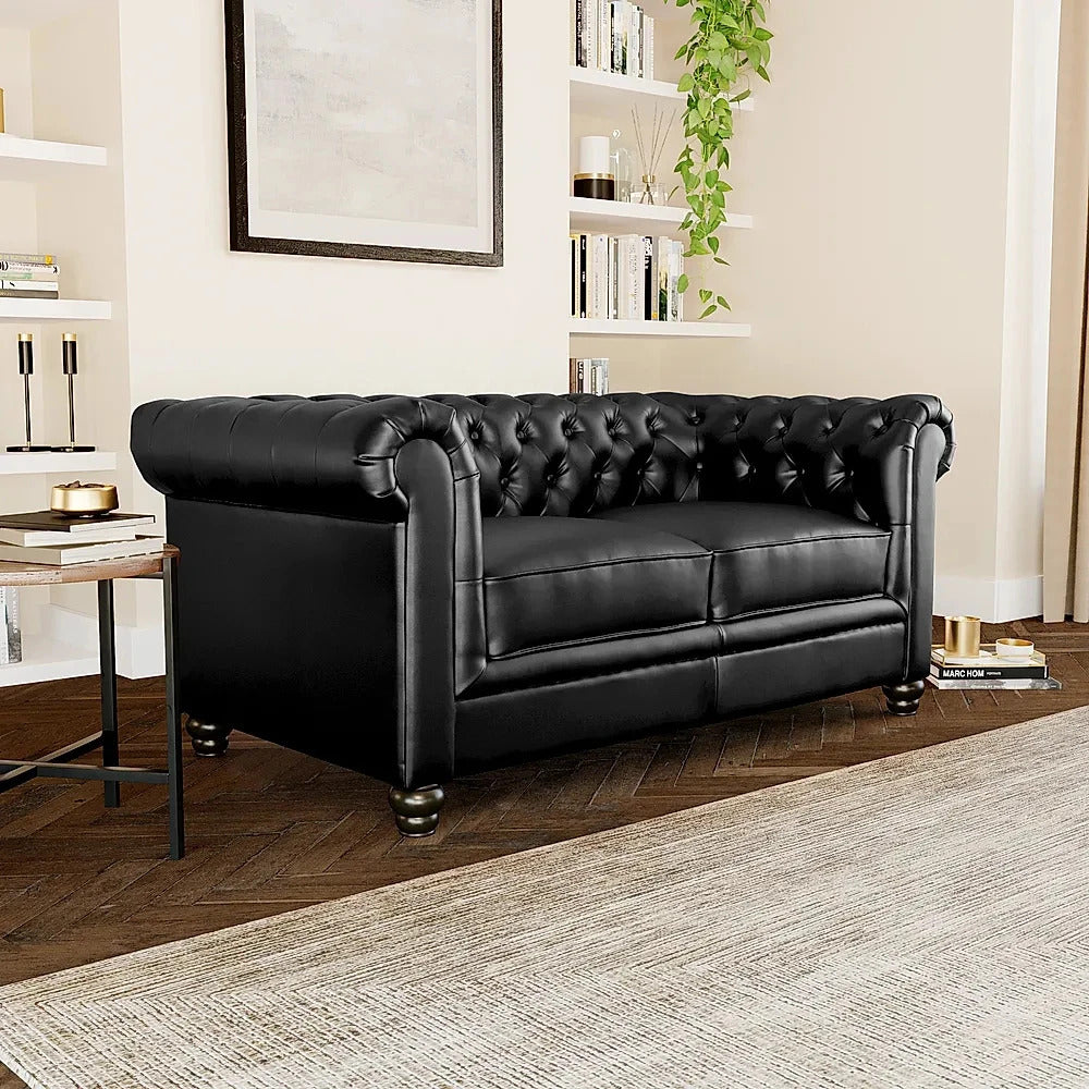 Chesterfield Sofa Set: Chestnut Leatherette 3+2 Seater Sofa Set