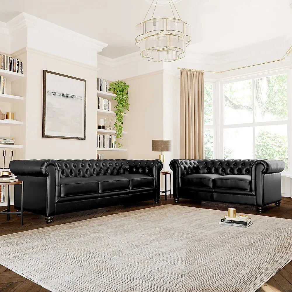 Chesterfield Sofa Set: Chestnut Leatherette 3+2 Seater Sofa Set