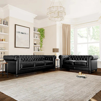 Chesterfield Sofa Set: Chestnut Leatherette 3+2 Seater Sofa Set