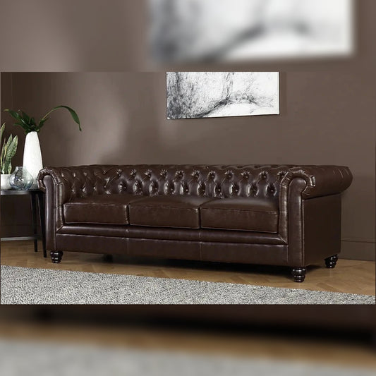 Chesterfield Sofa Set Chestnut Leatherette 3 Seater Sofa Set