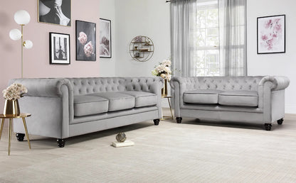 Chesterfield Sofa Set : Grey Velvet 3+2 Seater Chesterfield Sofa Set