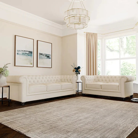 Chesterfield Sofa Set: Light Grey Leatherette 3+2 Seater