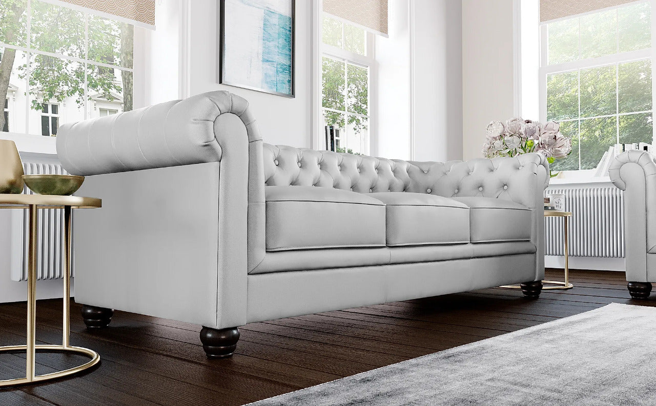 Chesterfield Sofa Set: Light Grey Leatherette 3 Seater Sofa Set