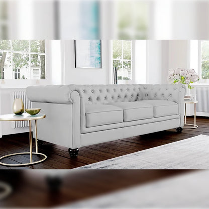 Chesterfield Sofa Set Light Grey Leatherette 3 Seater Sofa Set