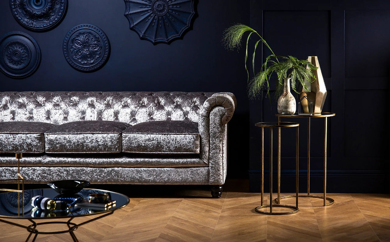 Chesterfield Sofa Set : Silver Crushed Velvet 3 Seater Chesterfield Sofa