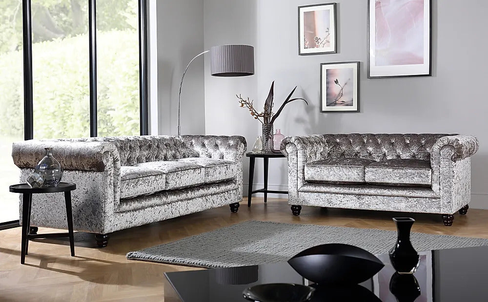 Chesterfield Sofa Set Silver Crushed Velvet 3+2 Seater