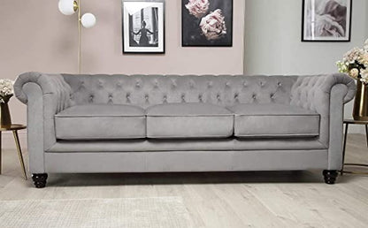 Chesterfield Sofa Set: Solid Wood Fabric 3 Seater Sofa Set