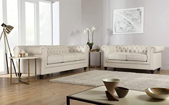 Chesterfield Sofa Set: Solid Wood Fabric 3 Seater Sofa Set