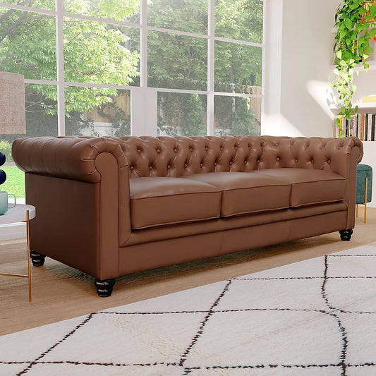 Chesterfield Sofa Set: Tan Leatherette 3 Seater Sofa Set