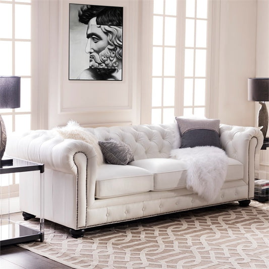 Chesterfield Sofa Set: White Leatherette 3 Seater Sofa Set