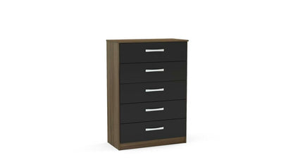 Chest of Drawers: Walnut and Black High Gloss 5 Drawer