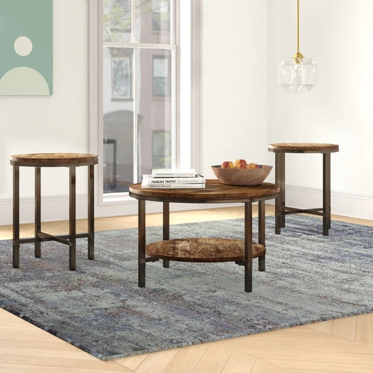 Coffee Table Set: Round Wooden 3 Piece Coffee Table Set