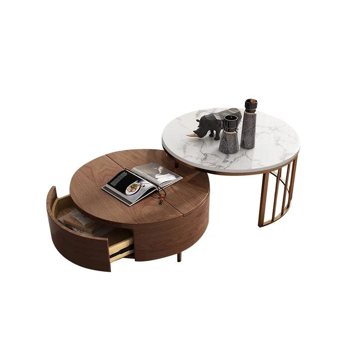 Coffee Table: White&Walnut Round Coffee Table With Storage Set Of 2