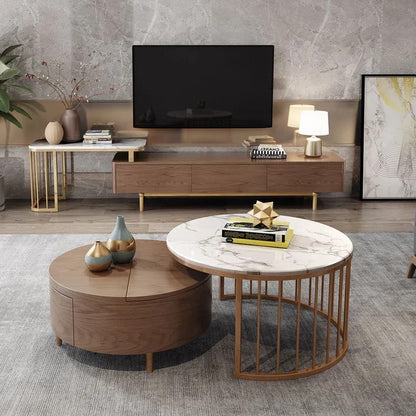 Coffee Table: White&Walnut Round Coffee Table With Storage Set Of 2