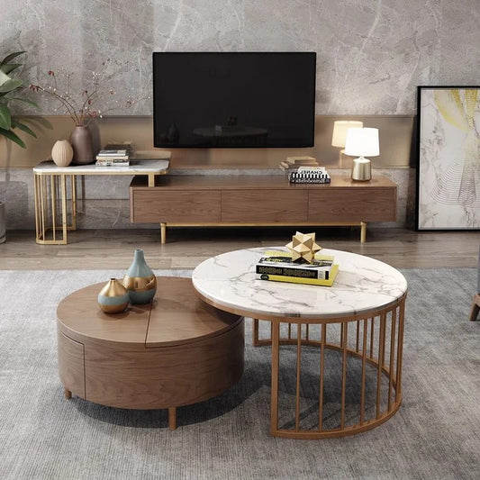 Coffee Table: White&Walnut Round Coffee Table With Storage Set Of 2