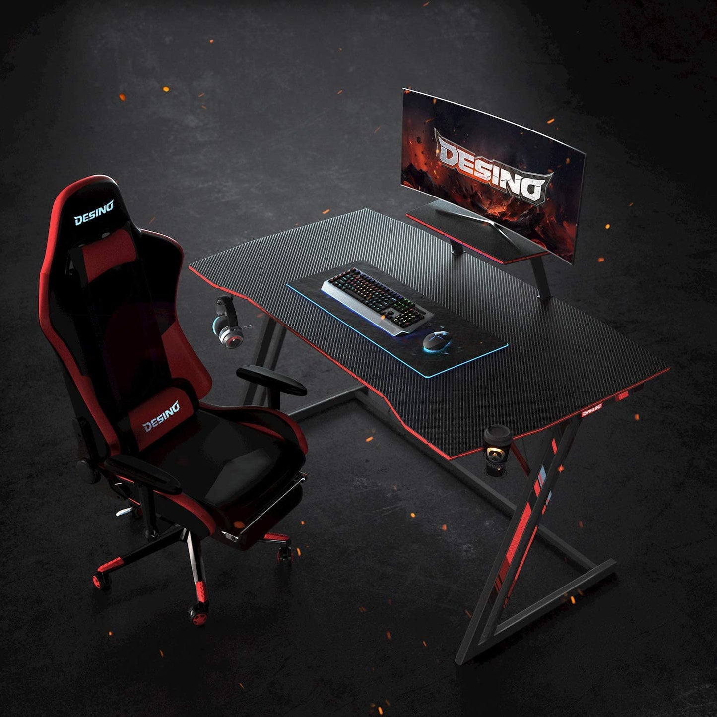 Computer Table Gaming Table Z Shaped Gamer with Cup Holder and Headphone Hook, Black