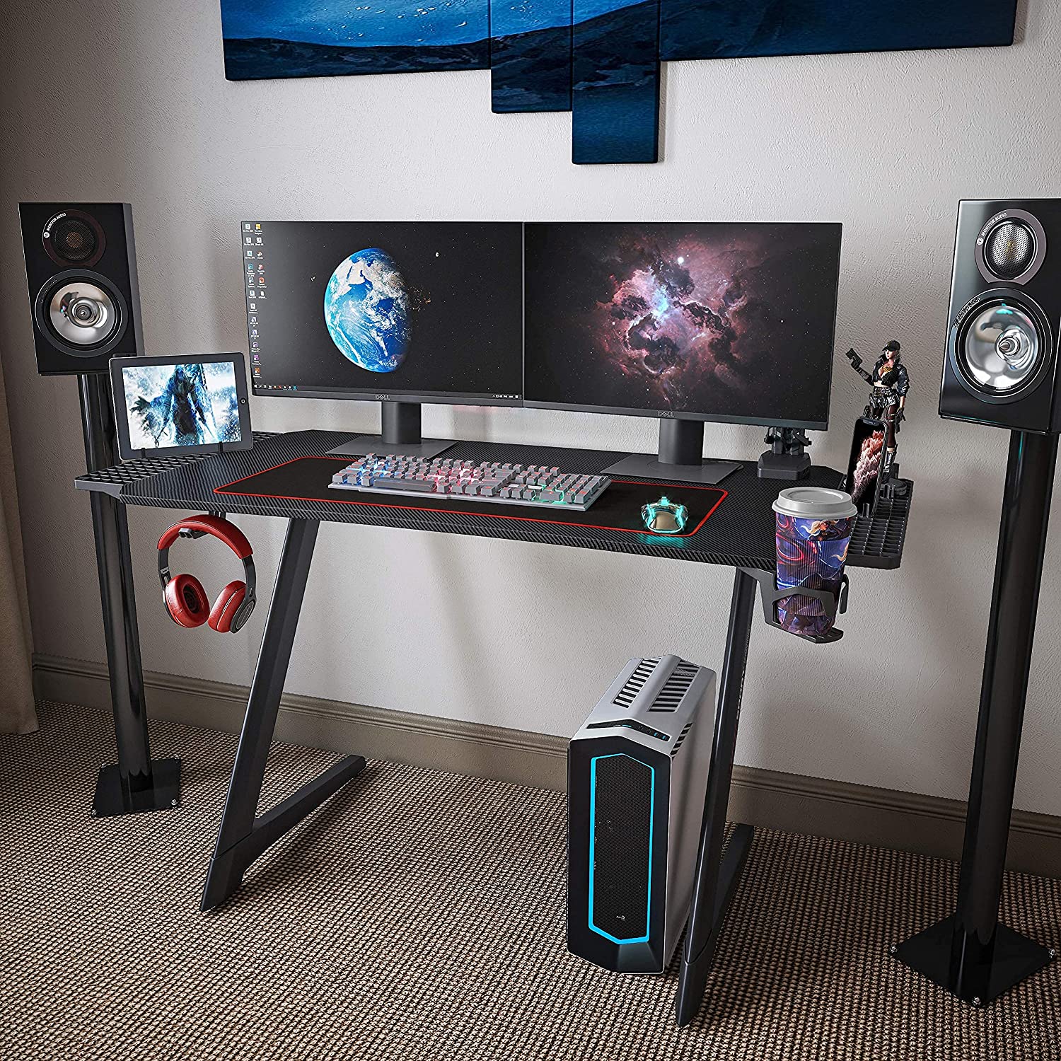 Computer Table Home Office with Cup Holder and Headphone Hook (Jet Black) 