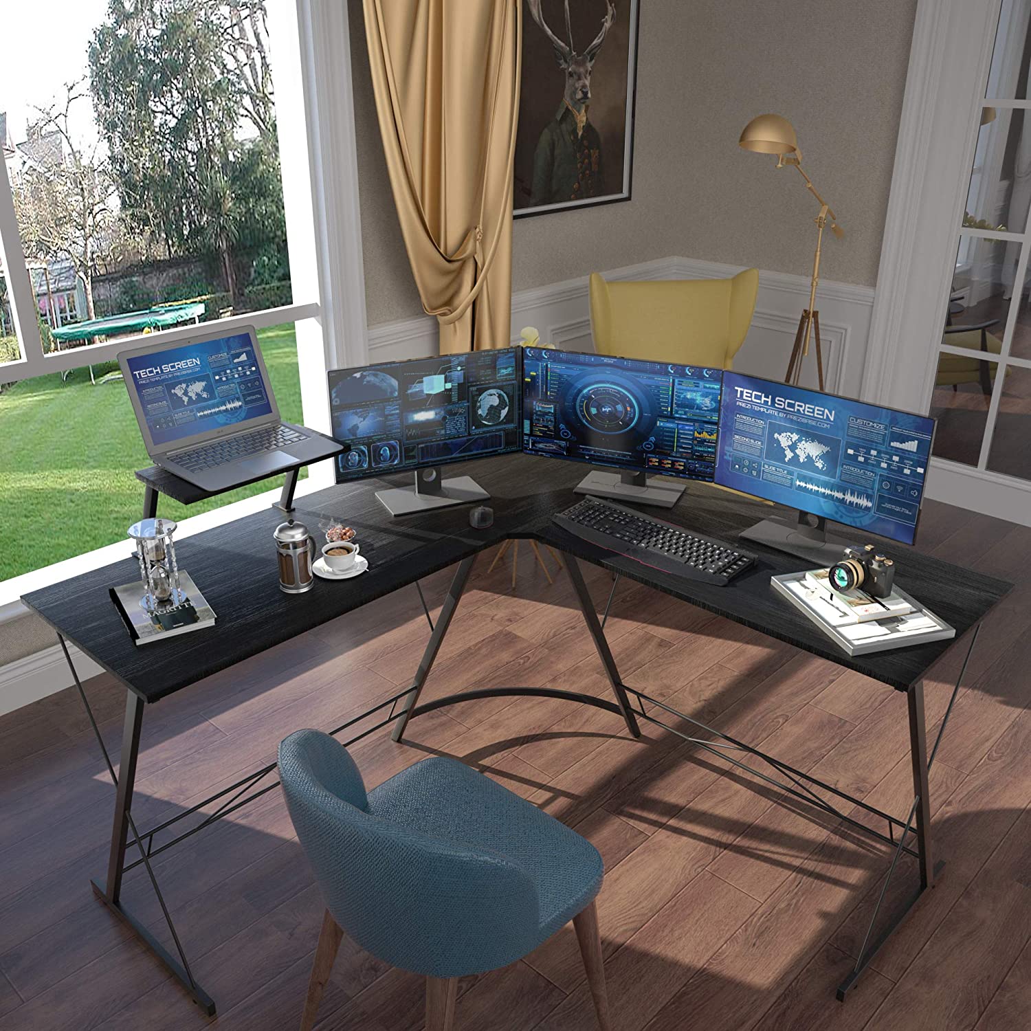 Computer Table : L Shaped Gaming Desk, Home Office Desk with Round Corner Computer table