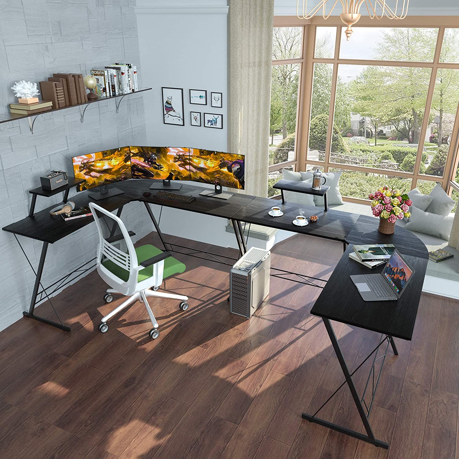 Computer Table : L Shaped Gaming Desk, Home Office Desk with Round Corner Computer table