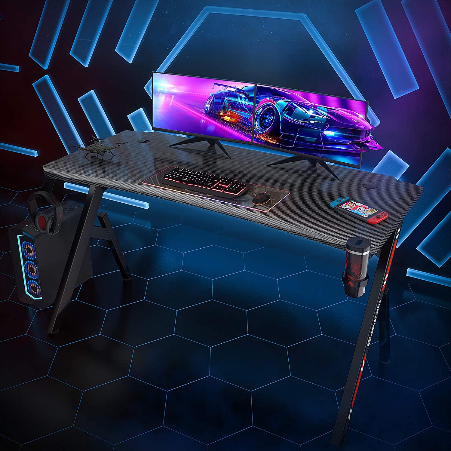 Computer Table: Y Shaped Gaming Computer Table with Cup Holder and Headphone Hook