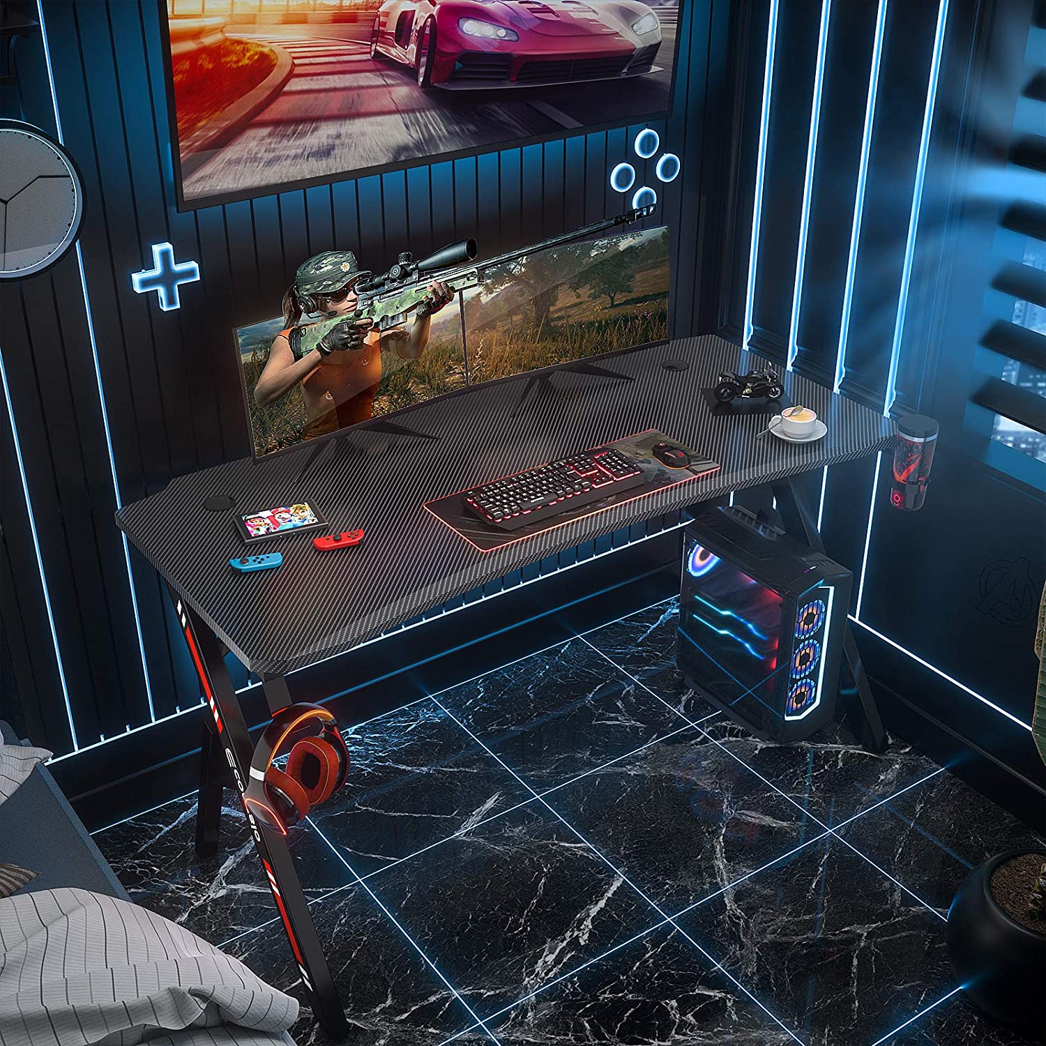 Computer Table: Y Shaped Gaming Computer Table with Cup Holder and Headphone Hook