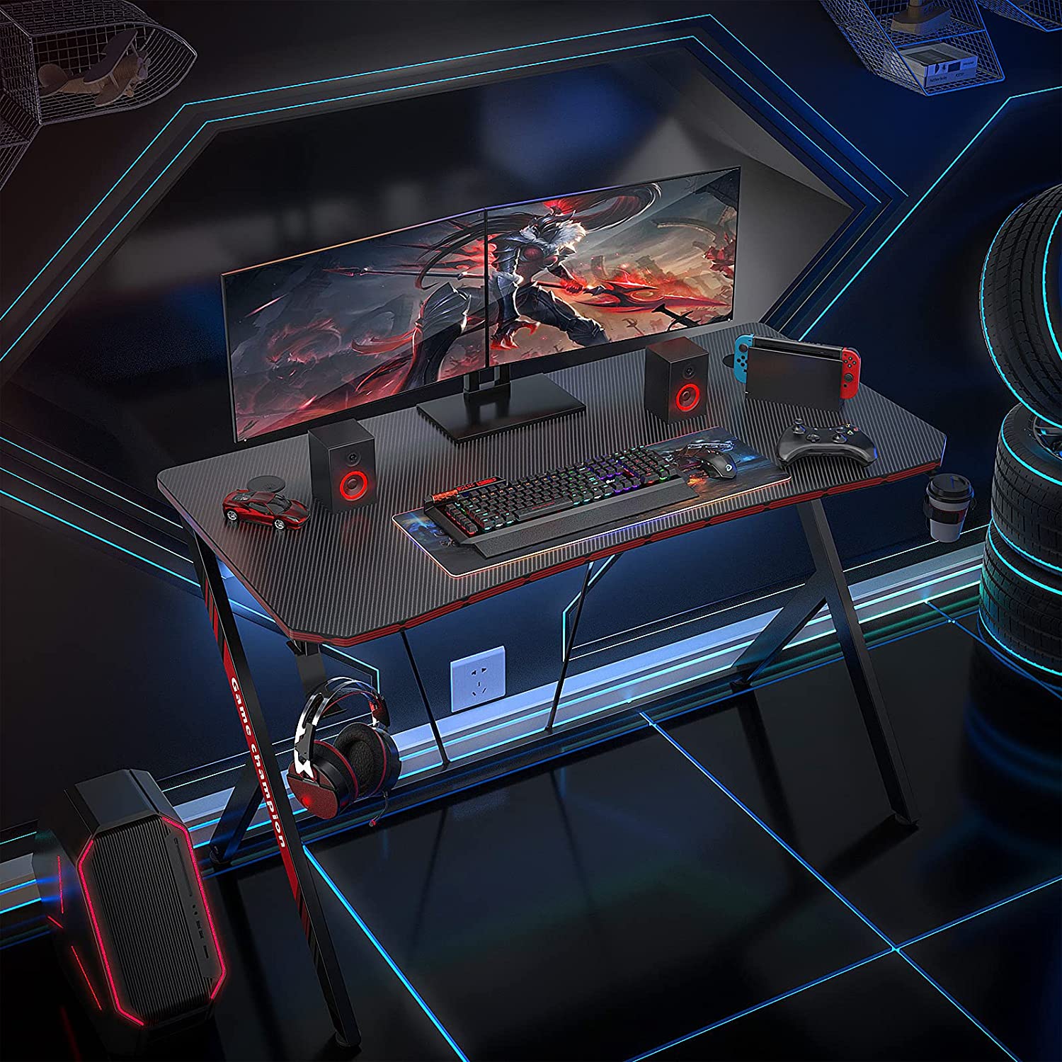 Computer Table: Y Shaped Gaming Computer Table with Cup Holder and Headphone Hook