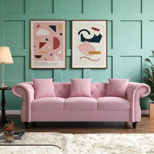 Couch: 80'' Rolled Arm Chesterfield Sofa