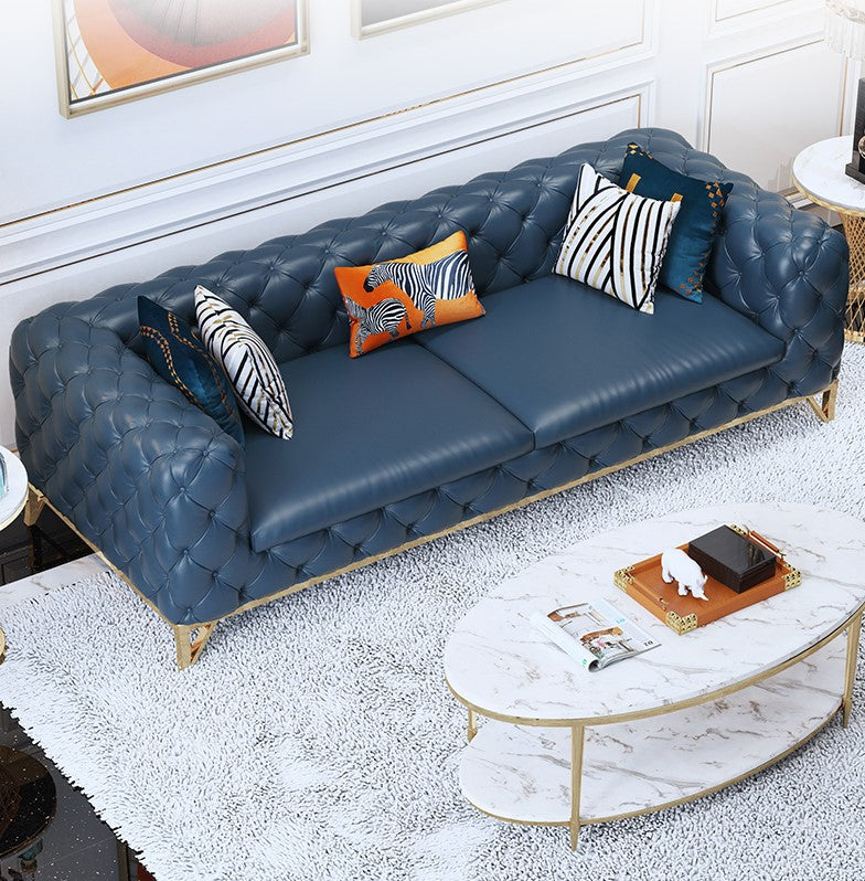 Designer Sofa Set:- Chesterfield Navy Blue Leatherette Luxury Furniture Sofa Set