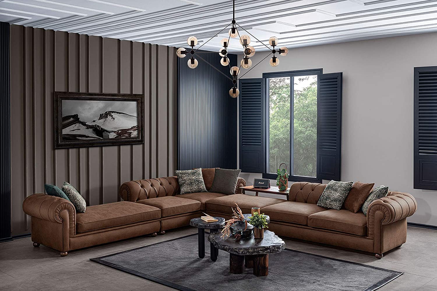 Designer Sofa Set:- Lovesac L Shape Suede Fabric 7 Seater Sofa Set Luxury Furniture with Lounger and Puffy (Brown)