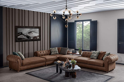Designer Sofa Set:- Lovesac L Shape Suede Fabric 7 Seater Sofa Set Luxury Furniture with Lounger and Puffy (Brown)