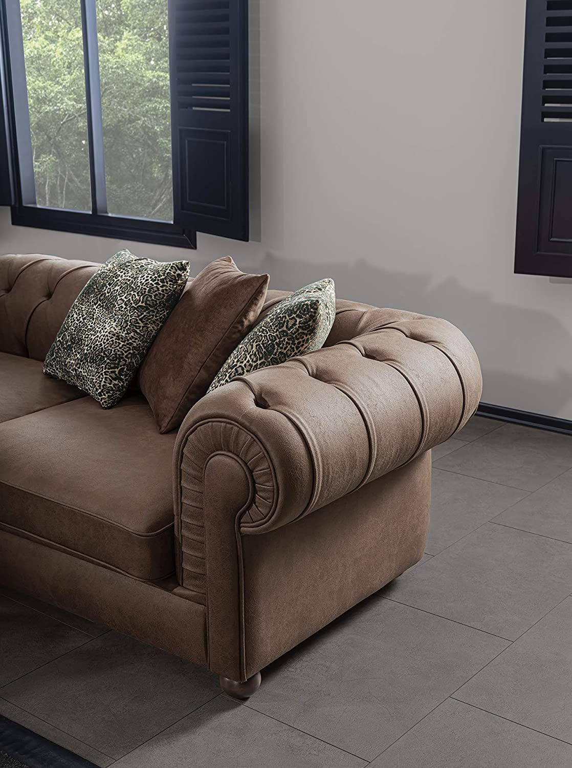 Designer Sofa Set:- Lovesac L Shape Suede Fabric 7 Seater Sofa Set Luxury Furniture with Lounger and Puffy (Brown)