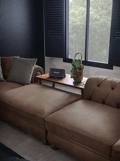 Designer Sofa Set:- Lovesac L Shape Suede Fabric 7 Seater Sofa Set Luxury Furniture with Lounger and Puffy (Brown)