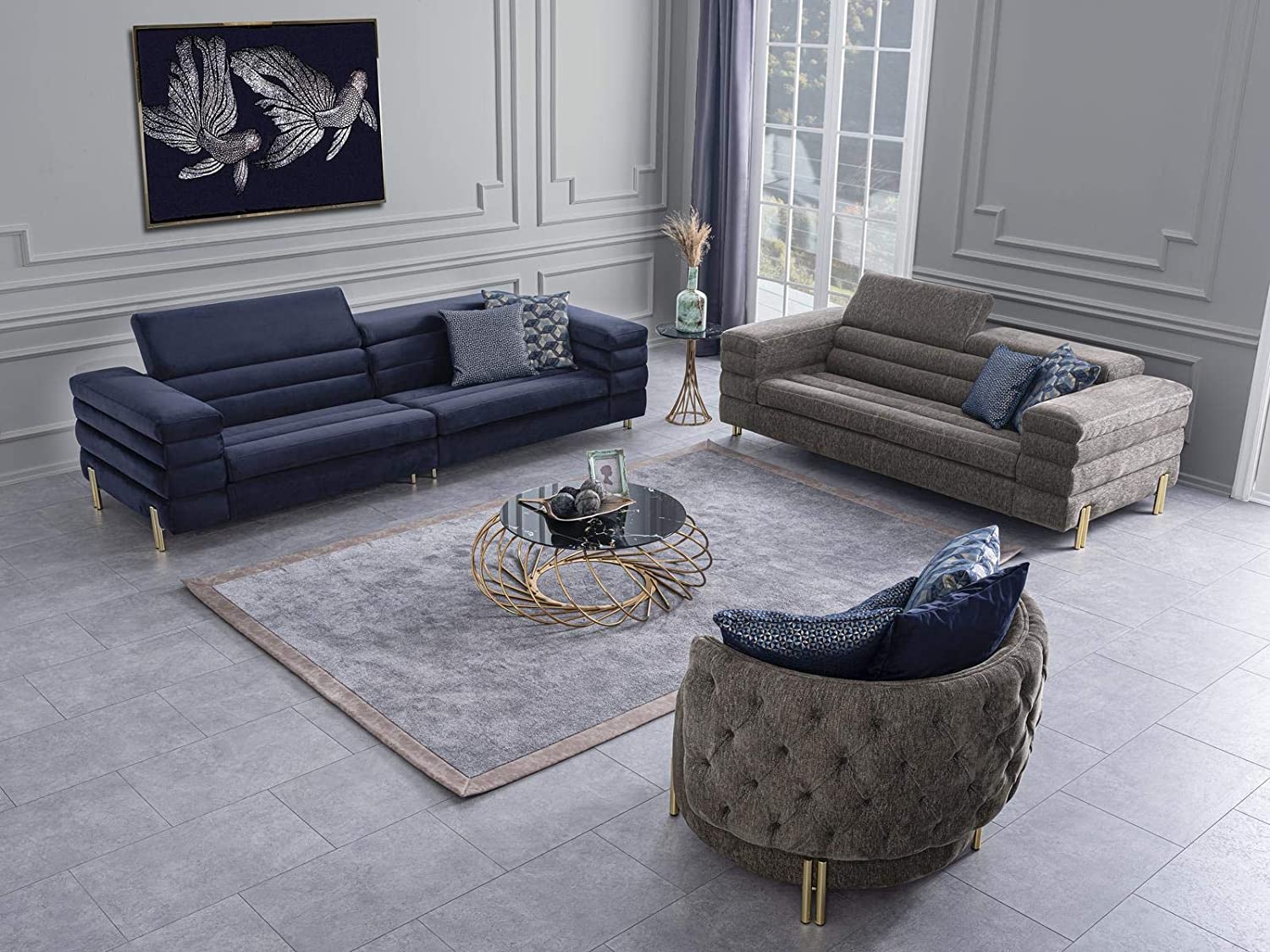 Designer Sofa Set:- 4+2+1 Fabric 7 Seater Luxury Furniture Sofa Set (Grey & Blue)