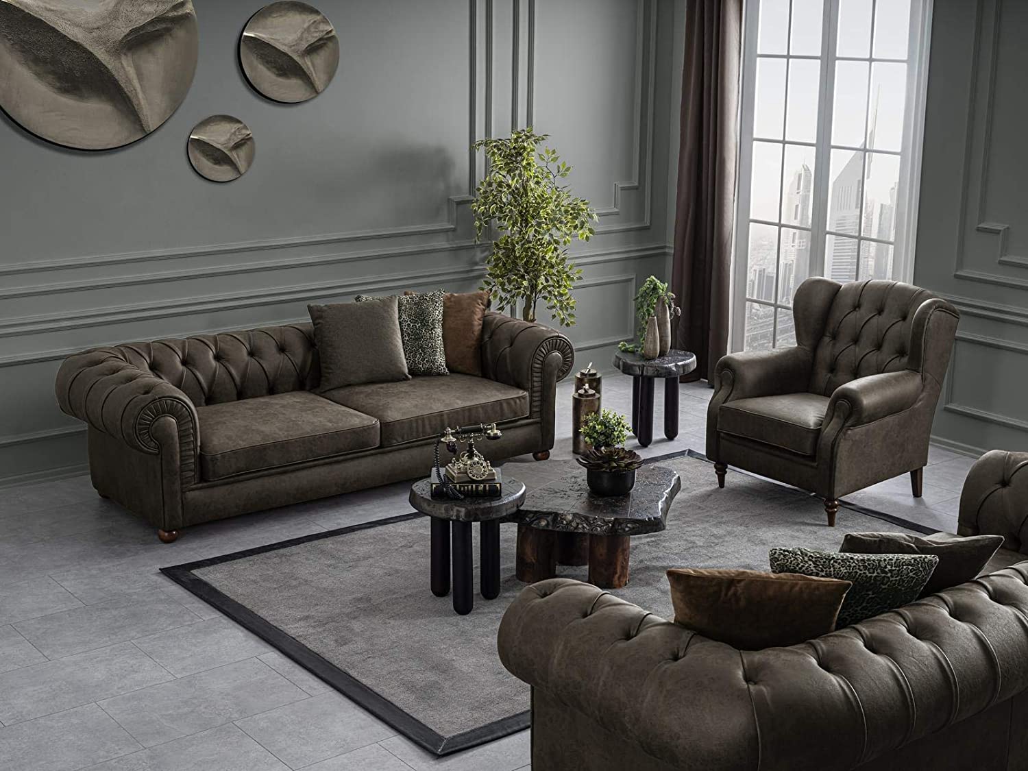 Designer Sofa Set:- 2+2+ 1 Wing Chair Fabric 6 Seater Luxury Furniture Sofa Set (Dark Brown)
