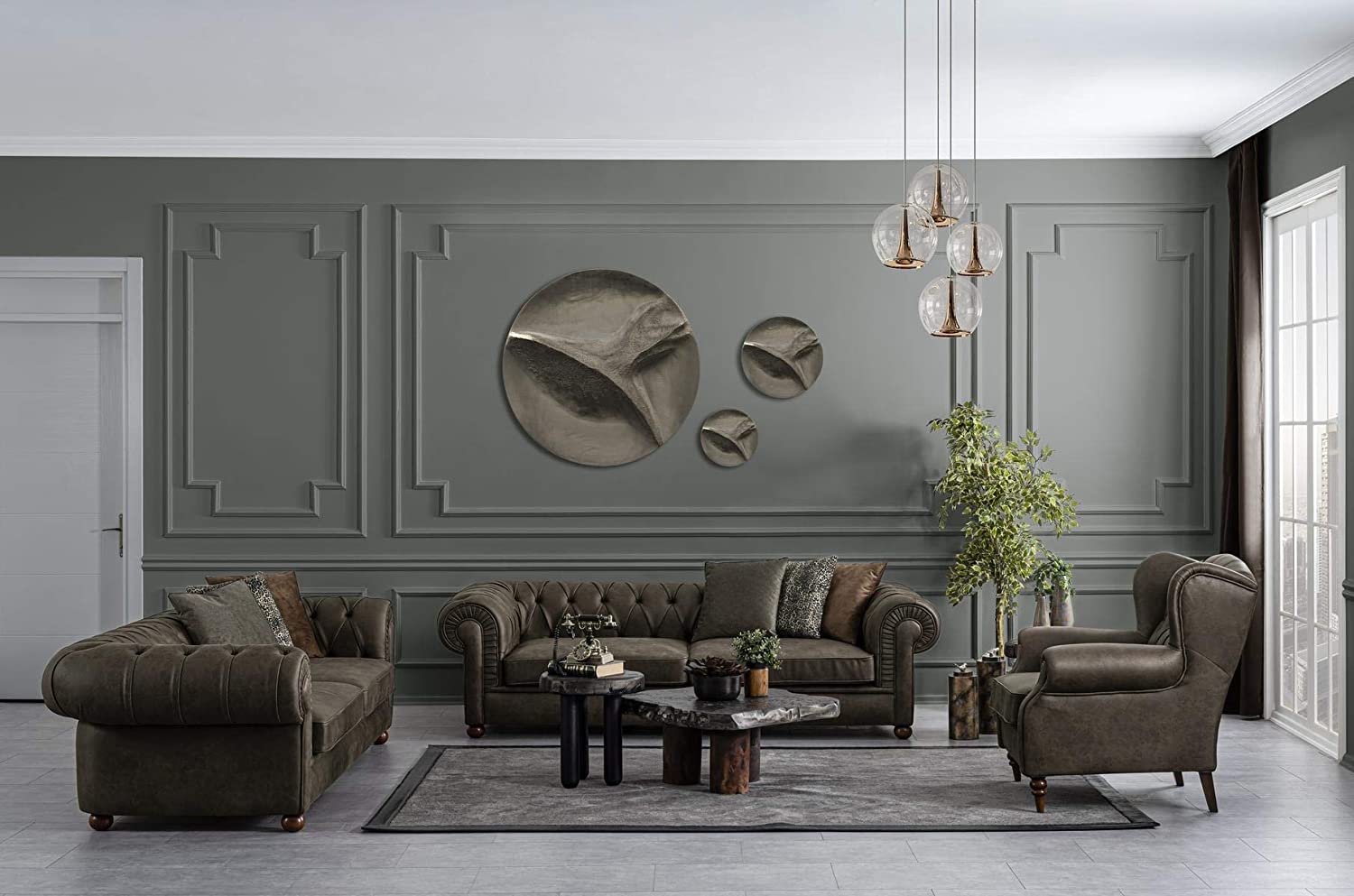 Designer Sofa Set:- 2+2+ 1 Wing Chair Fabric 6 Seater Luxury Furniture Sofa Set (Dark Brown)