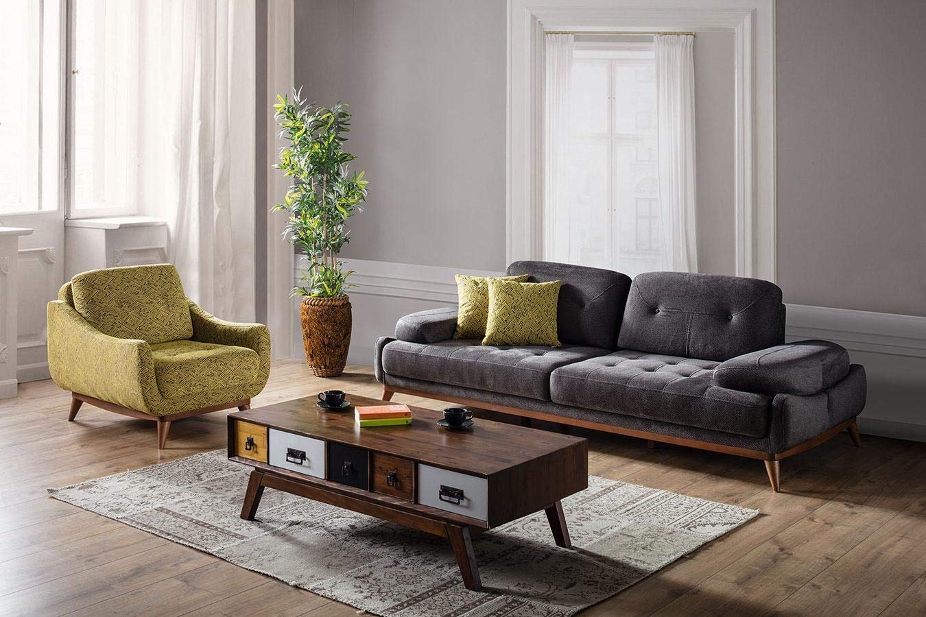 Designer Sofa Set:- 2+2+1 Fabric 6 Seater Luxury Furniture Sofa Set with Arms Chair (Yellow Printed, Dark Grey)