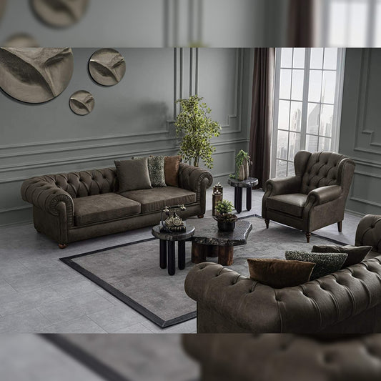 Designer Sofa Set- 3+3+ 1 Wing Fabric 7 Seater Luxury Furniture Sofa Set (Dark Brown)