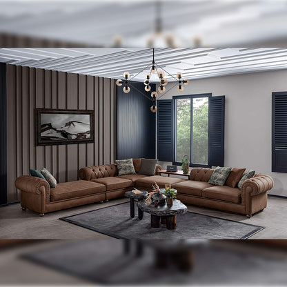 Designer Sofa Set- L Shape Suede Fabric 7 Seater Sofa Set Luxury Furniture with Lounger and Puffy (Brown)