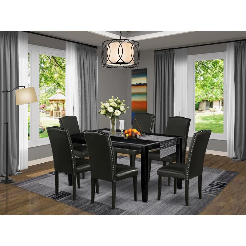 Dining Set: Dining Table with 6 Chairs Rubberwood Solid Wood Dining Set
