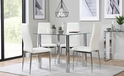 Dining Set : Eva Square Glass and Chrome Dining Table with 4 Leon Stone Grey Leatherette Chairs