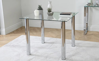 Dining Set : Eva Square Glass and Chrome Dining Table with 4 Leon Stone Grey Leatherette Chairs