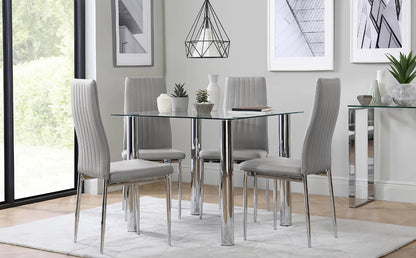 Dining Set : Eva Square Glass and Chrome Dining Table with 4 Leon Stone Grey Leatherette Chairs