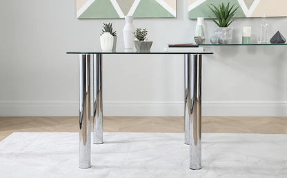 Dining Set : Eva Square Glass and Chrome Dining Table with 4 Leon Stone Grey Leatherette Chairs