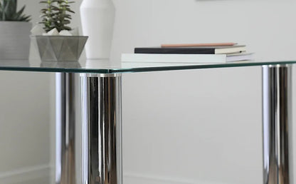 Dining Set : Eva Square Glass and Chrome Dining Table with 4 Leon Stone Grey Leatherette Chairs