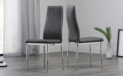 Dining Set : Eva Square Glass and Chrome Dining Table with 4 Leon Stone Grey Leatherette Chairs