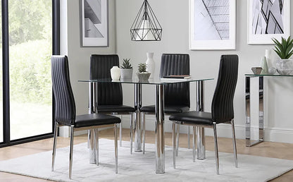 Dining Set : Eva Square Glass and Chrome Dining Table with 4 Leon Stone Grey Leatherette Chairs