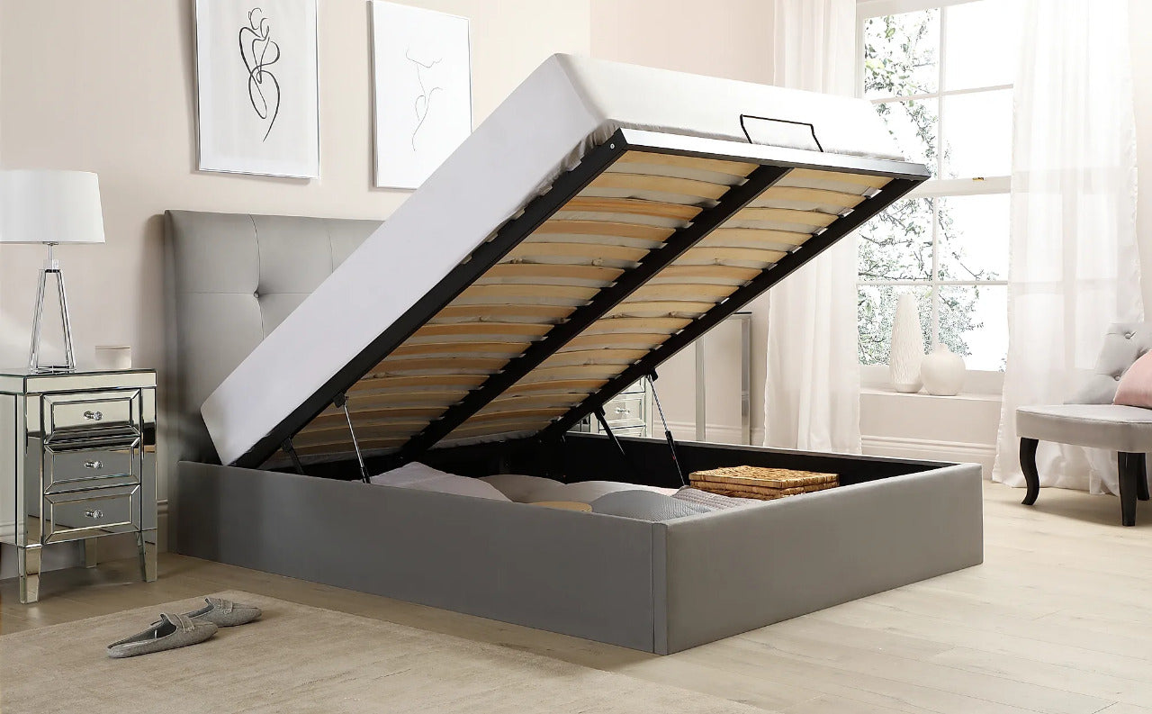 Double Bed:  Covershine Grey Velvet Fabric Double Bed