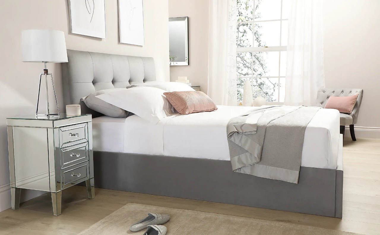 Double Bed:  Covershine Grey Velvet Fabric Double Bed