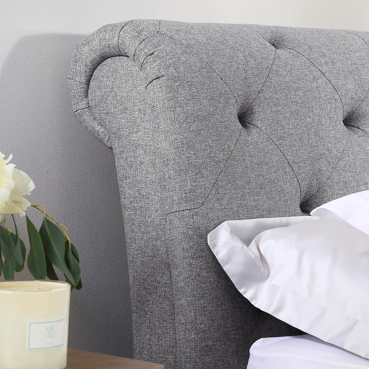 Double Bed: Grey Fabric Double Bed