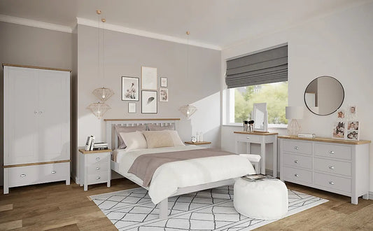 Double Bed: Painted Grey and Oak Wooden Double Bed